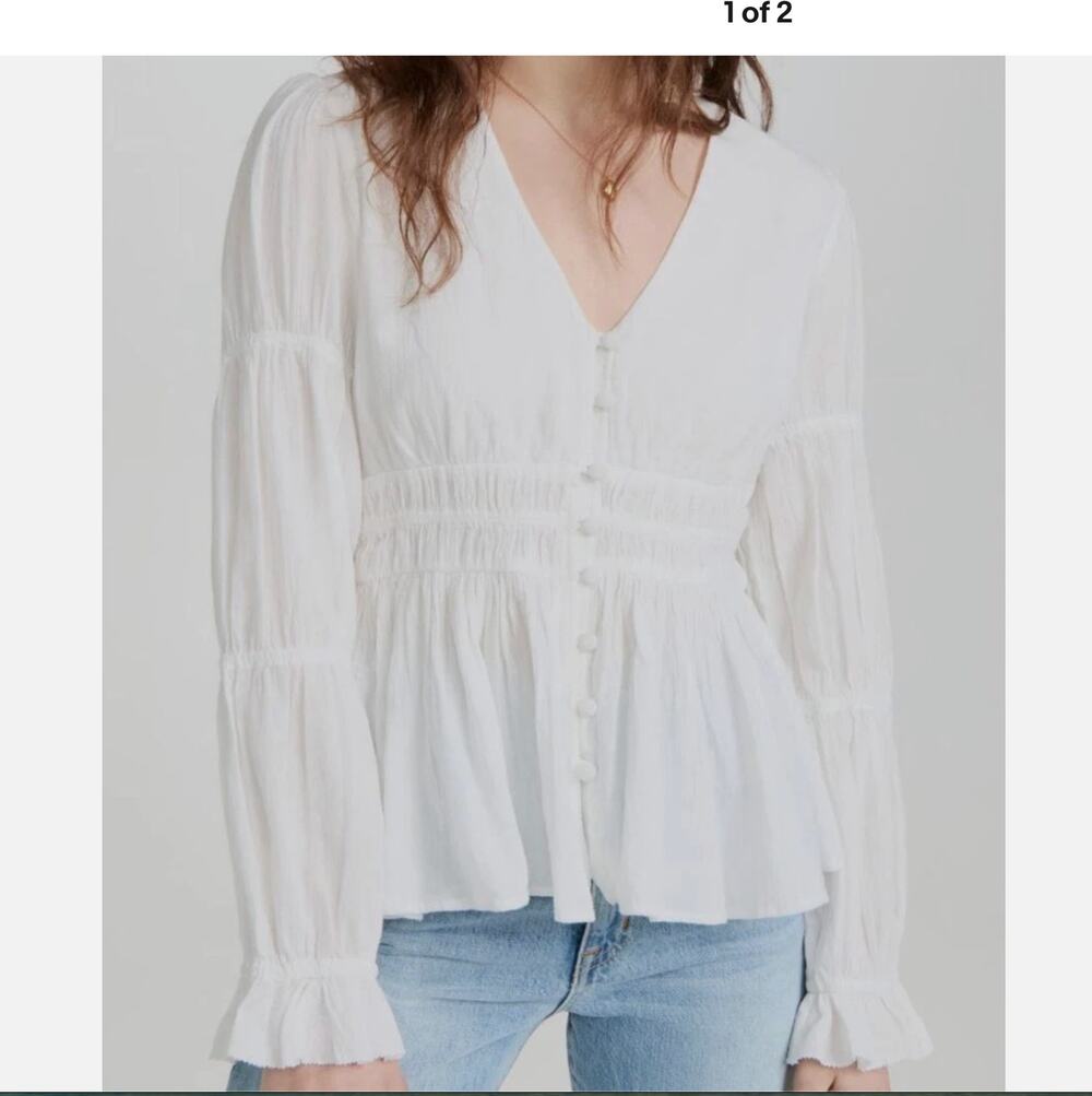 NWT Faherty Colette Top M Ivory Cream Peasant Blouse Boho Ruffle $148